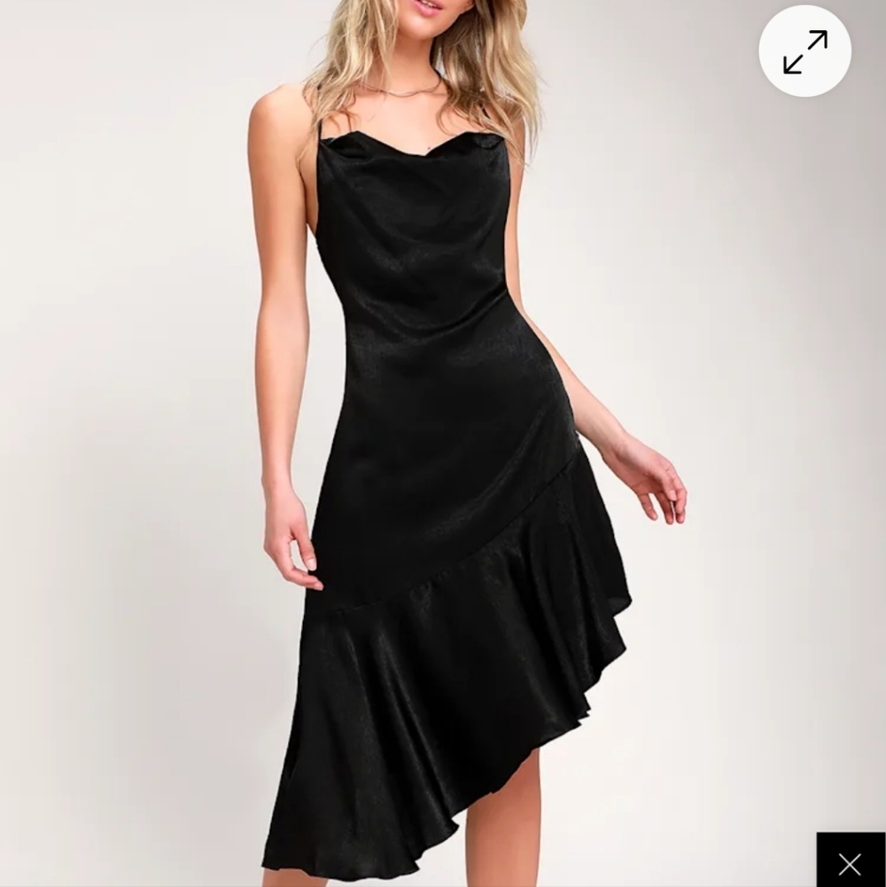 Need Your Love Black Satin Asymmetrical Slip Dress